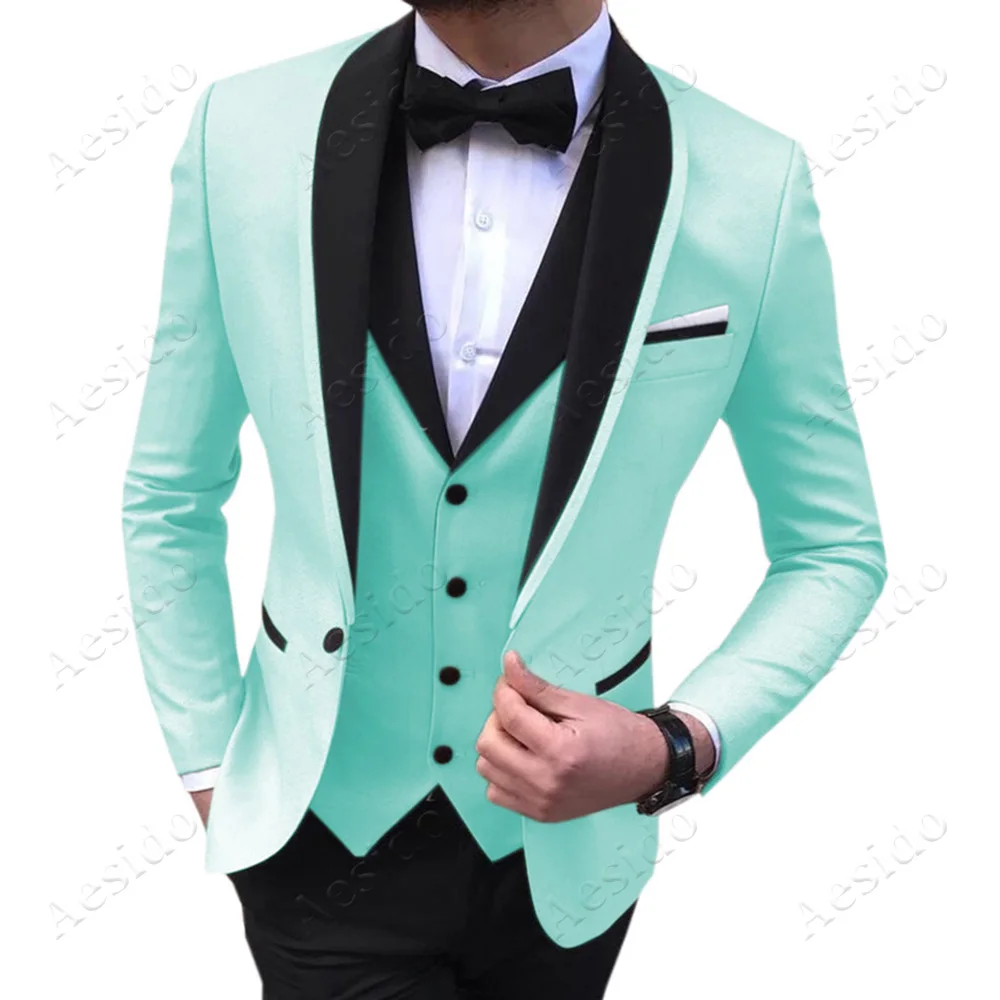 Light Cyan Aesido Fashion Men's Suits Slim Fit Prom Tuxedos Shawl Lapel Blazer Vest Pants 3 Pieces Suit Set Groomsmen for Wedding - Цвет: Light Cyan