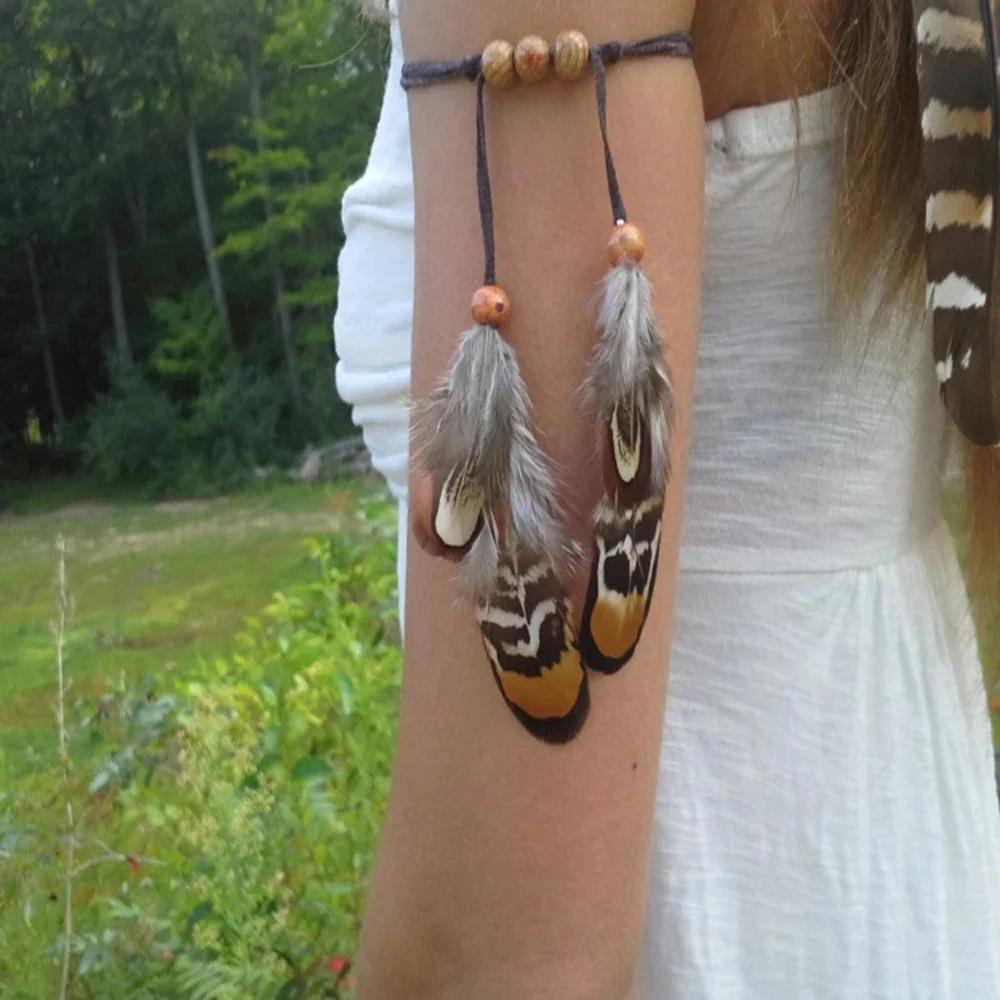 Gypsy Handmade Natural Feather Armlets & Bracelet Women Indian Bohemian Ethnic Tribal Leather Wooden Bead Adjustable Jewelry