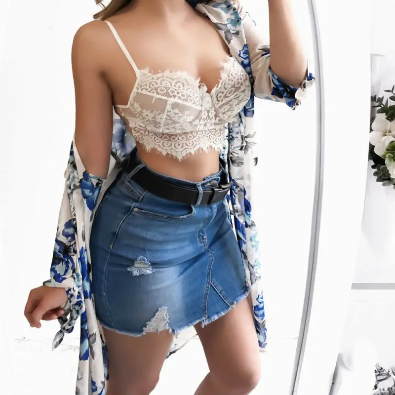 Sexy Wireless Women Floral Padded Strappy Lace White Bralette Bustier Cami Top Bra