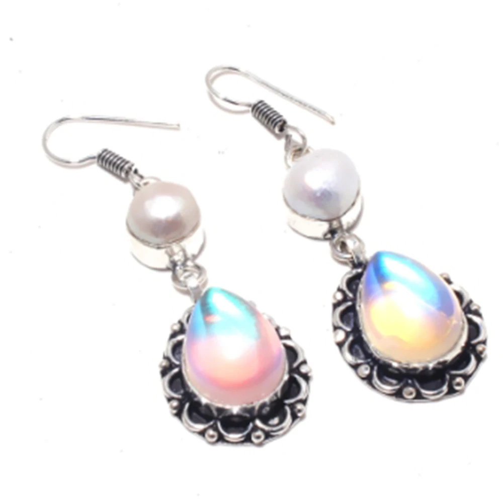 

Rainbow Fire Topas Earrings Silver Overlay over Copper , 61 mm, E3848