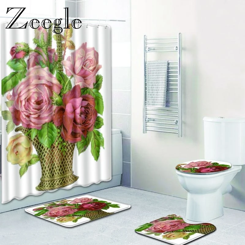 Zeegle Bath Mat Set with Shower Curtain Toilet Seat Cover Mat Anti Slip Bathroom Doormat Toilet Pedestal Rug Foot Mat Toilet Set