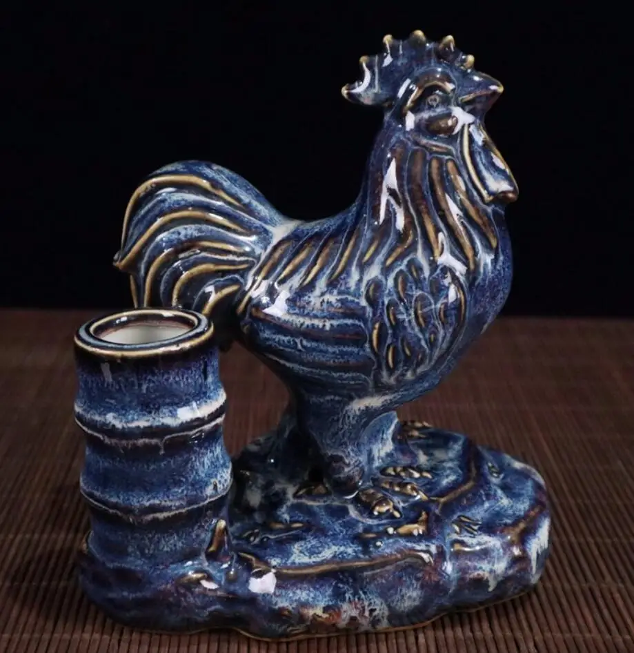 

China blue glaze ceramic chicken Pen holder crafts statue
