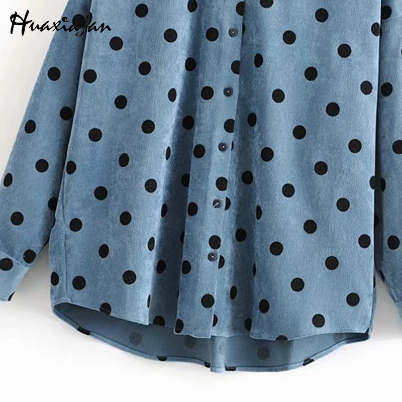 Huaxiafan, женская блузка в горошек, рубашки, Вельветовая, негабаритная, синяя блузка, на пуговицах, рубашка с длинным рукавом, женские повседневные свободные топы, блузы