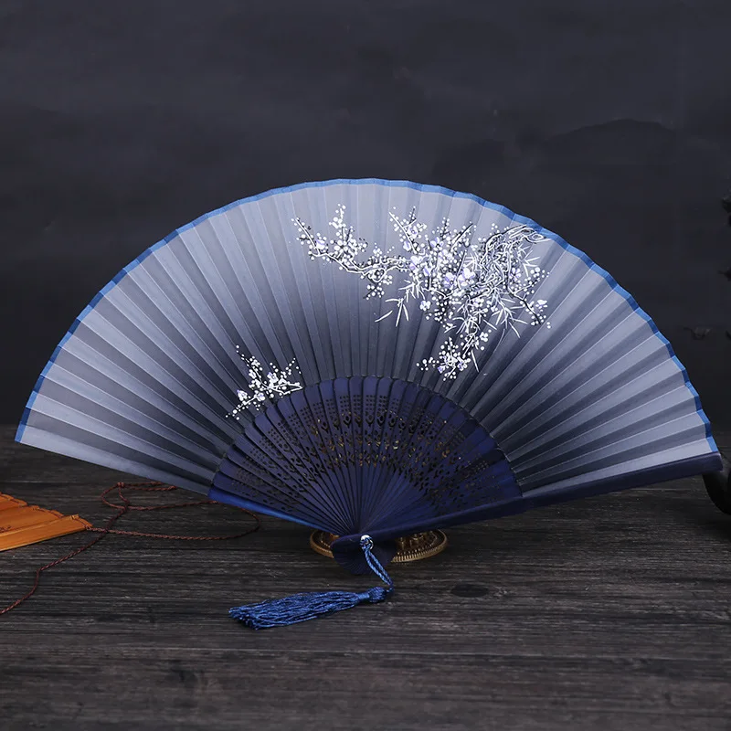 

1pc Decorative Fans Vintage Chinese Spun Silk Flower Printed Hand Fan Folding Hollow Carved Decoration Crafts Dropshipping @
