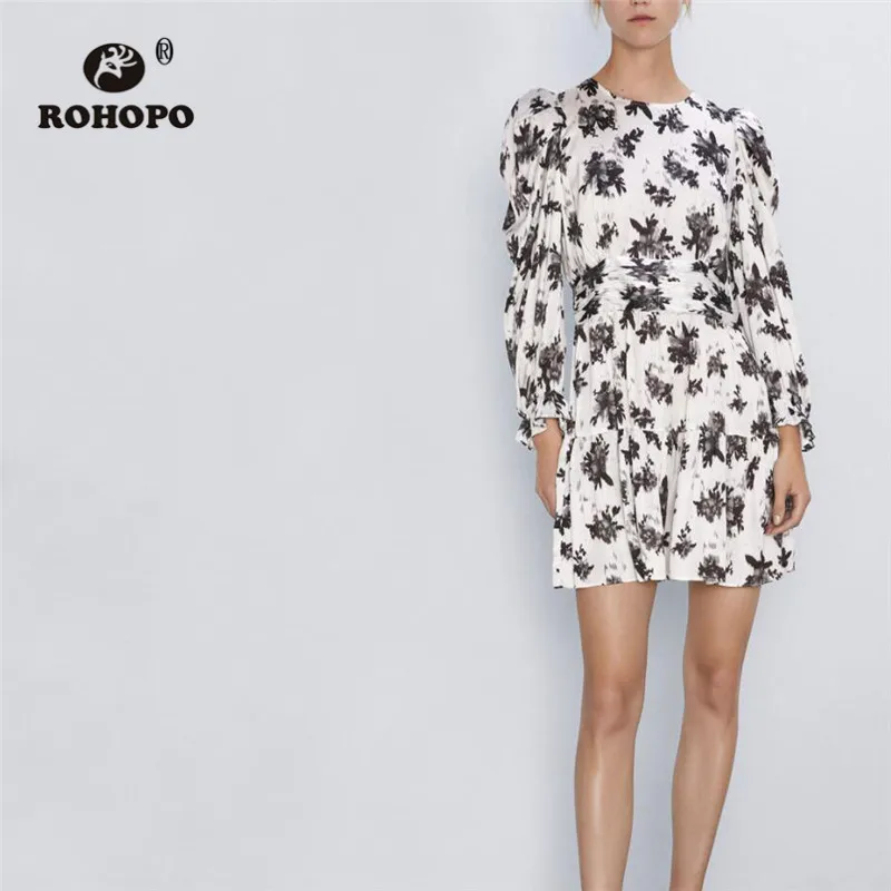 

ROHOPO Brush Drawing Floral Long Sleeve Ruffled Dress Round Collar Waistband Lantern Sleeve Retro Elegant Vestido #9313
