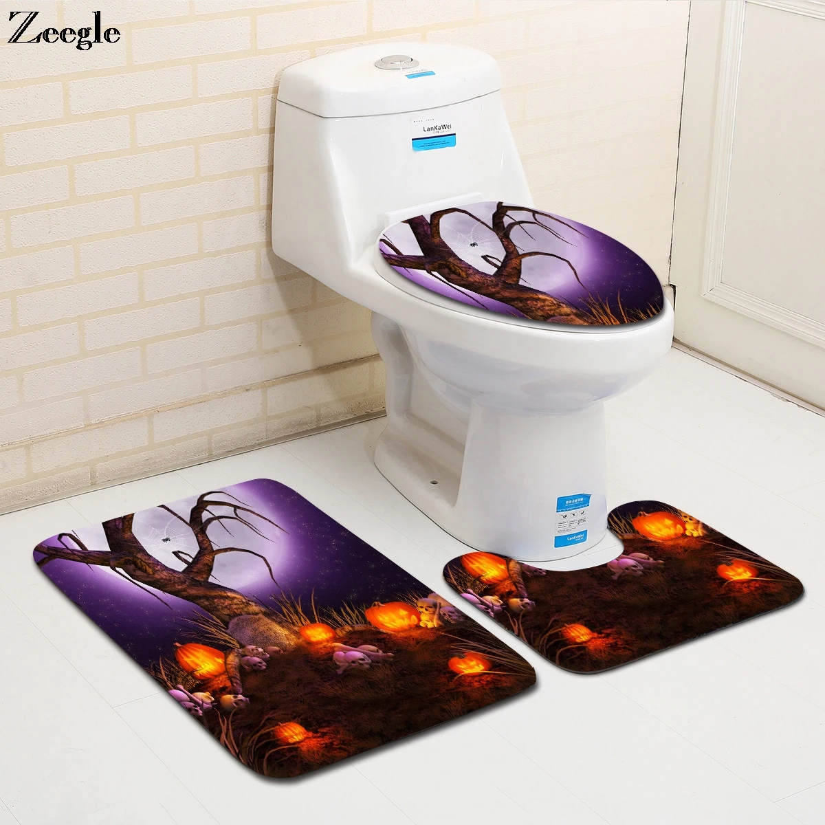 Zeegle Halloween 3pcs Bath Mat Set Flannel Non Slip Bathroom Doormat Shower Mat Absorbent Toilet Pedestal Rug Polyester Foot Mat