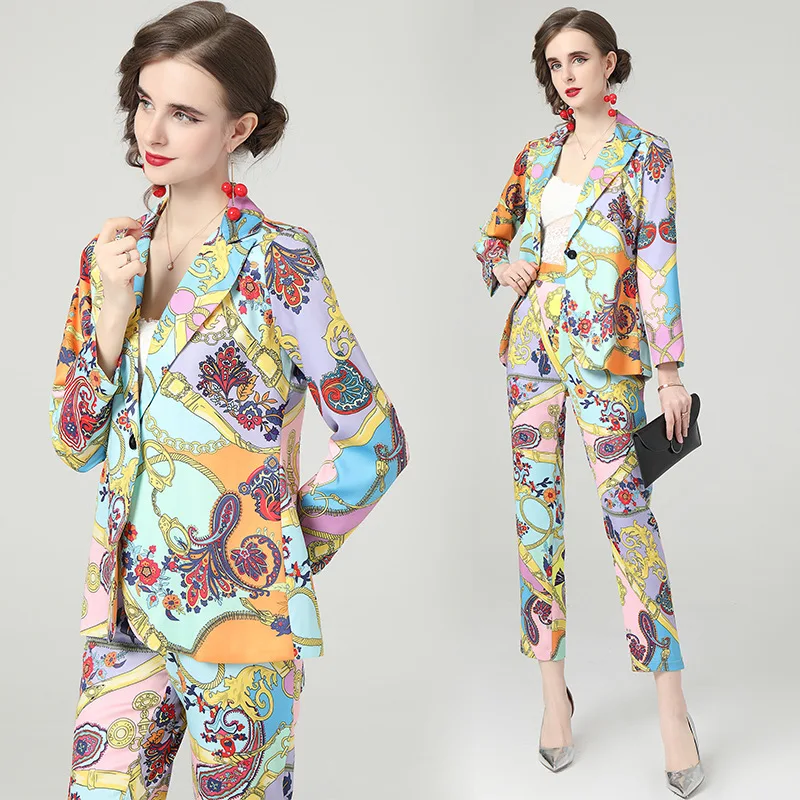 

New suits set woman pants suits female suit two-piece set slim print suit jacket + pencil pants suit for women clothing
