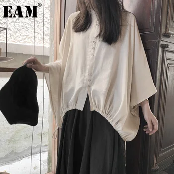

[EAM] Women White Big Size Shirt New Stand CollarThree-quarter Batwing Sleeve Blouse Fashion Tide Spring Autumn 2020 19A-a673