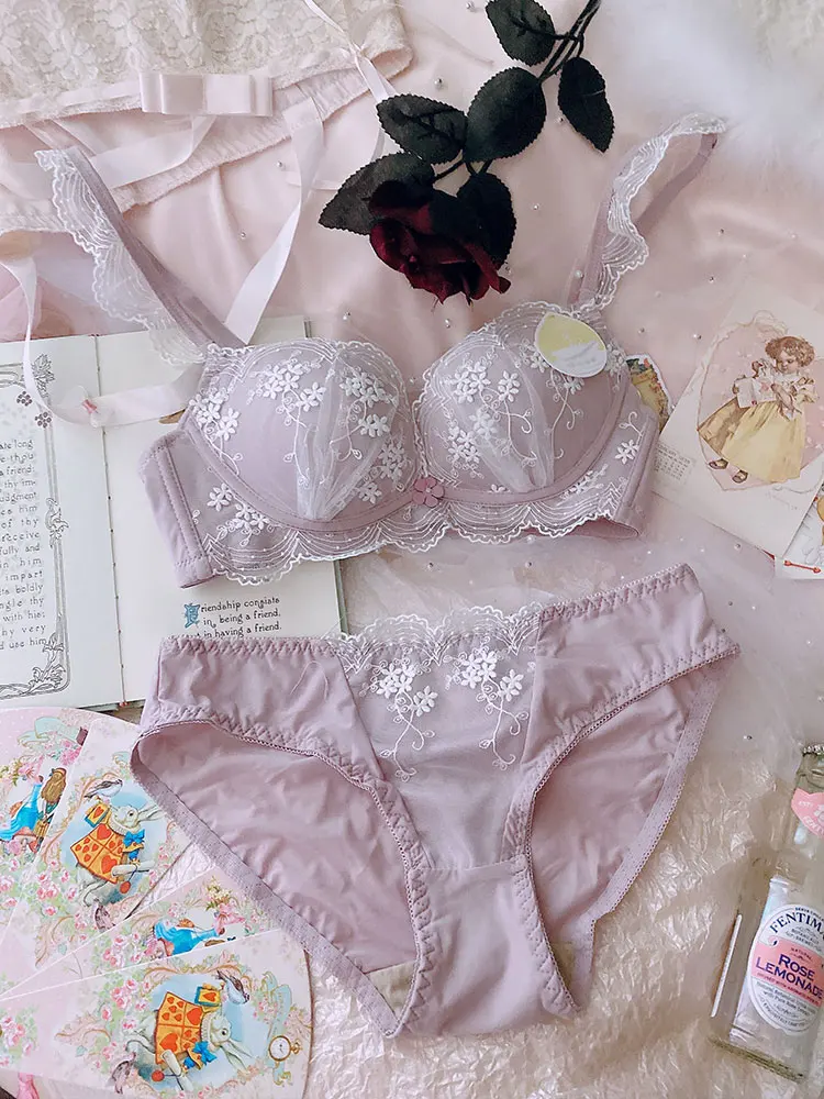 Summer thin cute underwear set pure desire girl fairy soft steel ring transparent perspective petal princess chiffon bra set