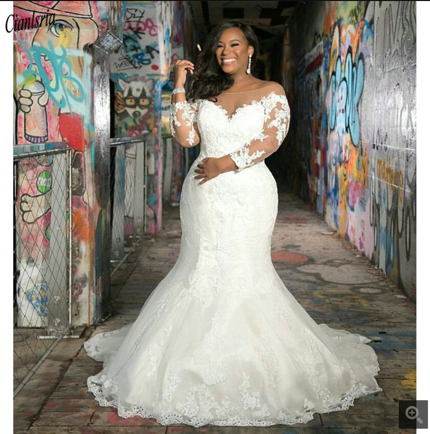 

Robe de mariage mermaid white lace appliques wedding dress long sleeve Islamic african plus size bride gowns best selling