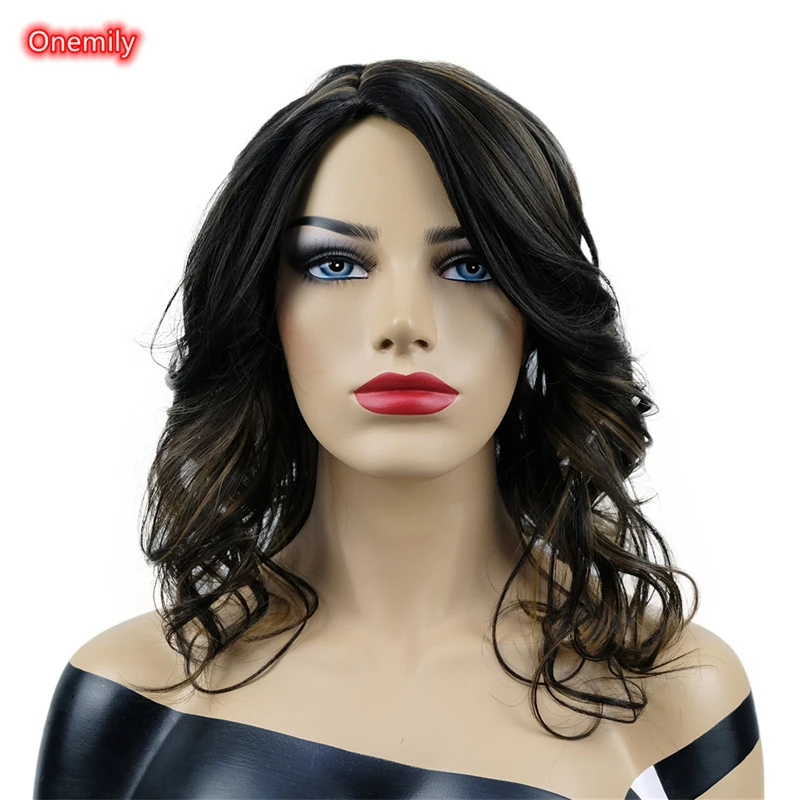 

Onemily Black Golden Brown Mixed Long Wavy Heat Resistant Synthetic Natural Looking Hair Wig for Women