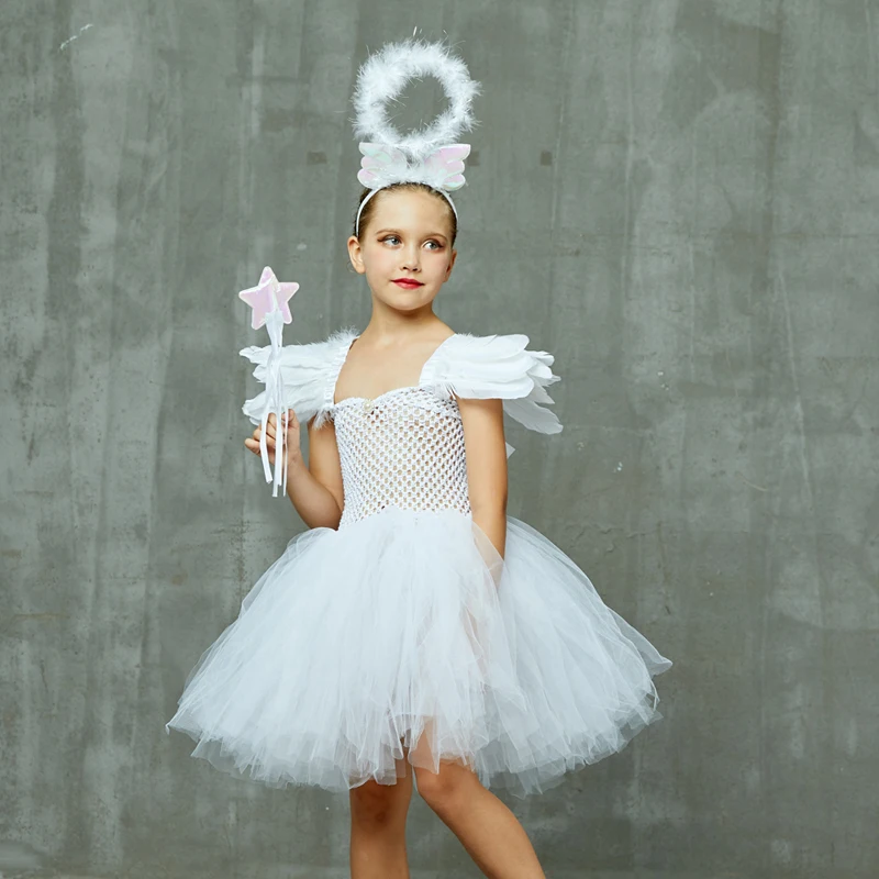 Белое платье-пачка небесного ангела для девочек с ореолом и блестками, крылья Ангела на спине, детское нарядное платье на Хэллоуин, Рождественский Костюм