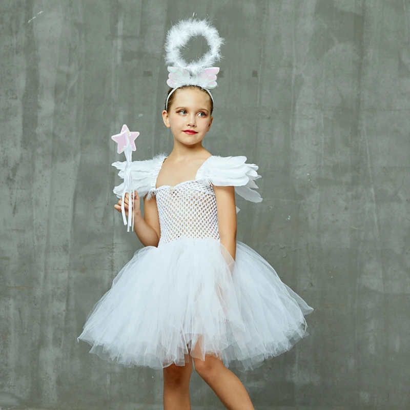 Girls White Heavenly Angel Tutu Dress with Halo & Sequin Angel Wings Back Children Halloween Fancy Dress Up Christmas Costume (11)