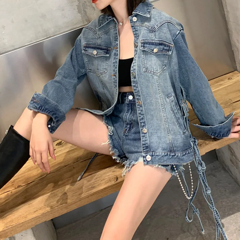 

XUXI 2020 Autumn Thailand Tide Dew Back Reticular Cowboy Clothes Woman Loose Leisure Time Long Fund Tassels Coat FZ0565