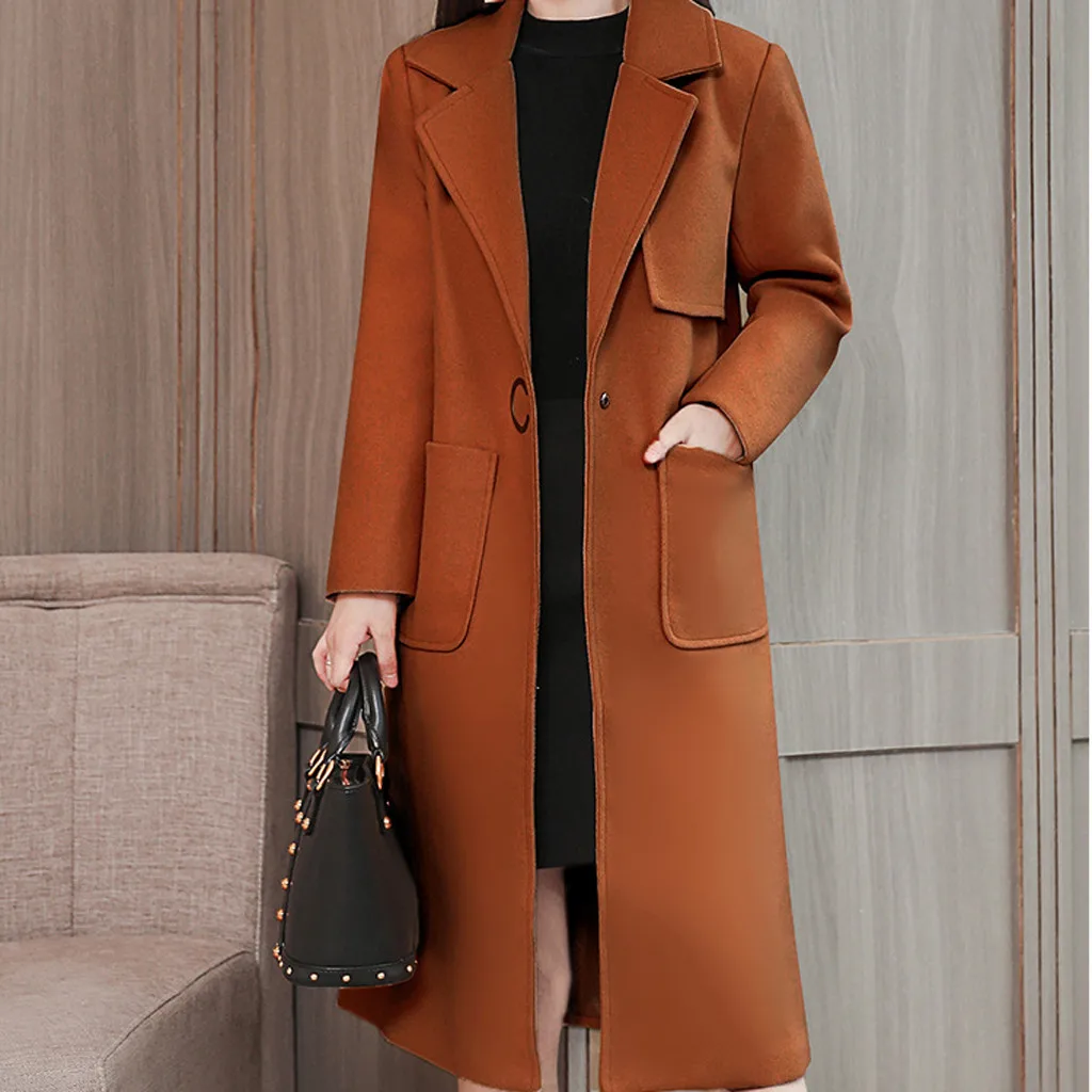 CHAMSGEND Long Winter Warm Wool Blends Coat women Turn-down Collar Adjustable Belt Wool Coats Women Elegant Casaco Feminino#4z - Цвет: Brown