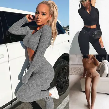 

Women 2PCS Solid Color Long Sleeve Crop Top Casual Pants Set Jumpsuit Outfits Knitted Wear Bodycon Slim 2 Pieces Clothes Set