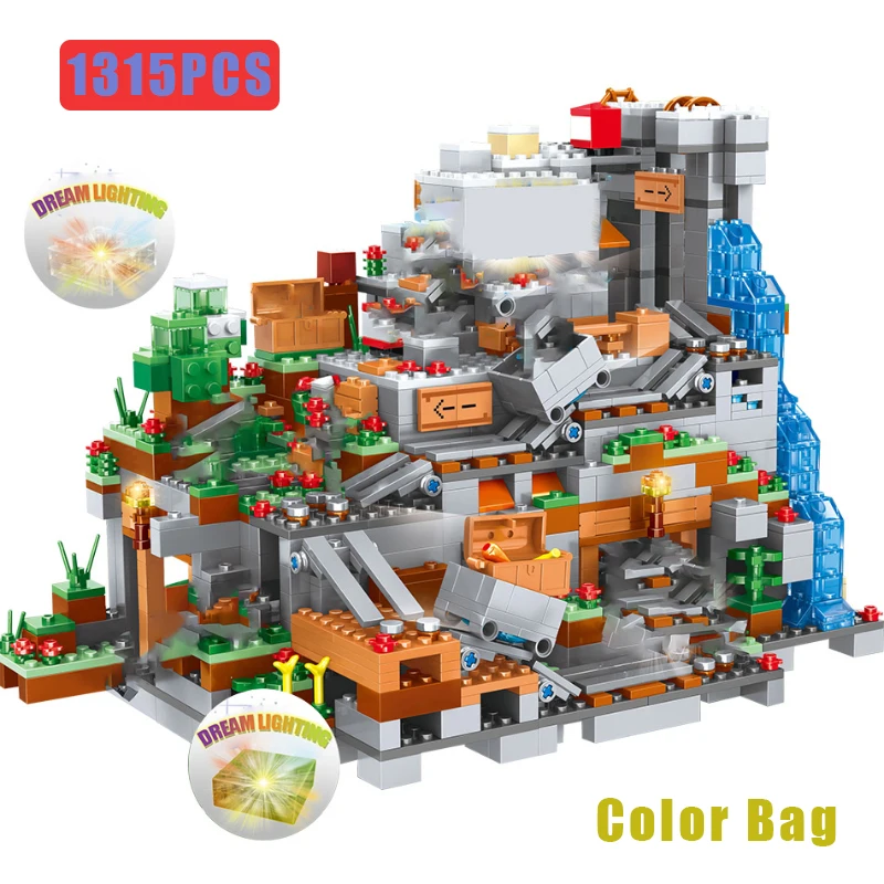 

1315PCS Compatible 21137 My World Building Blocks Mountain Cave Elevator Village Figures Module Bricks DIY Toys for Children