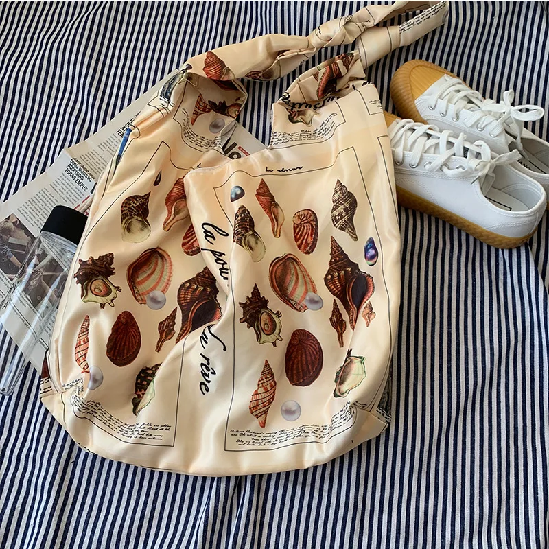 

Multicolor Women Korean Printing Shoulder Bag Pearl Shell Pattern Canvas Bag Girls Shopping Bag Large-Capacity Tote Bag Ladies