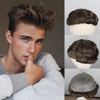 

YY Wigs Men Toupee 8x10 Thin Pu skin Parting Anywhere Brown Mix Grey Replacement System 6 Inch Remy Brazilian Hair Men Wigs