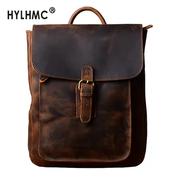 

Women Backpack 13.3" Laptop Bag Female Schoolbag Small Backpacks Thin Cowhide Retro 2020 New Literary Crazy Horse Leather Solid