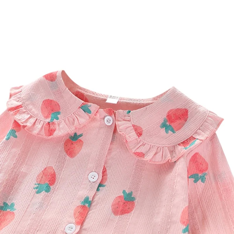 Children Girl Cartoon Fruit Print Lotus Leaf Collar Wear Bottoming Long-Sleeved Button Sweet Single Breast Buckle Blouse 1-7Y