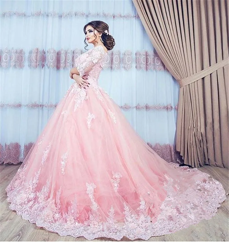 Румяное Розовое Бальное Платье, арабские вечерние платья, винтажные кружевные 3d Цветочные 1/2 рукава размера плюс, вечерние платья для помолвки