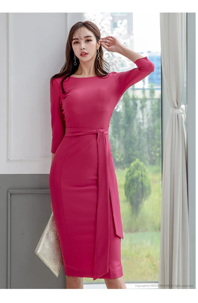 Autumn Winter Solid Color O-neck Lace-up Pencil Dress Women Slim Sheath Bodycon Dresses Elegant OL Work Wear Vestidos
