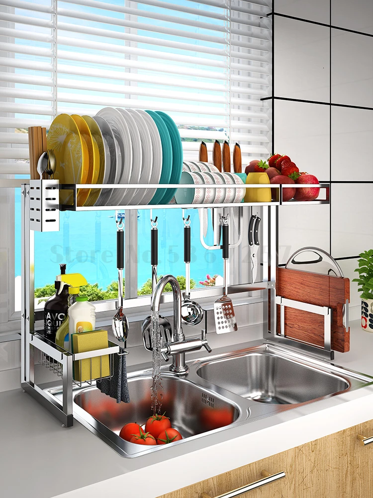 

Kitchen Stainless Steel Above Drain Bowl Parallel Bar Design Northern European Style Sink Rack kitchen organizer cheap