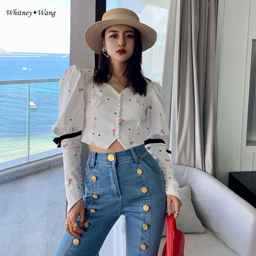 WHITNEY WANG блузки женские осень мода уличная Цветочная вышивка пуговицы Тонкая Блузка женские блузы рубашки топы