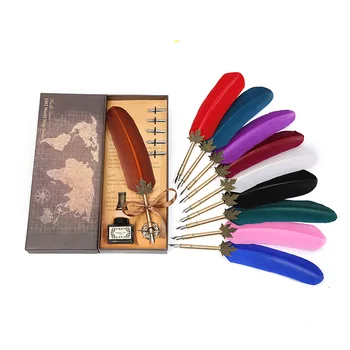 

2020 European style feather steel wool retro dip pen set creative thanksgiving birthday signature gift pen
