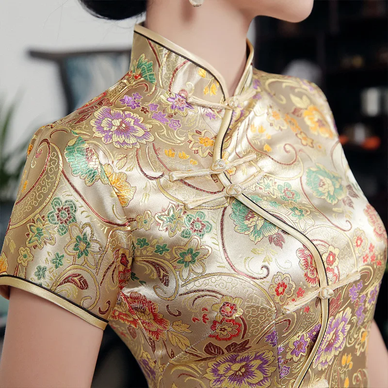 Большие размеры 3XL золотой цветок короткий рукав для женщин Cheongsam воротник стойка Винтаж Кнопка Qipao вязать сексуальное обтягивающее свадебное платье