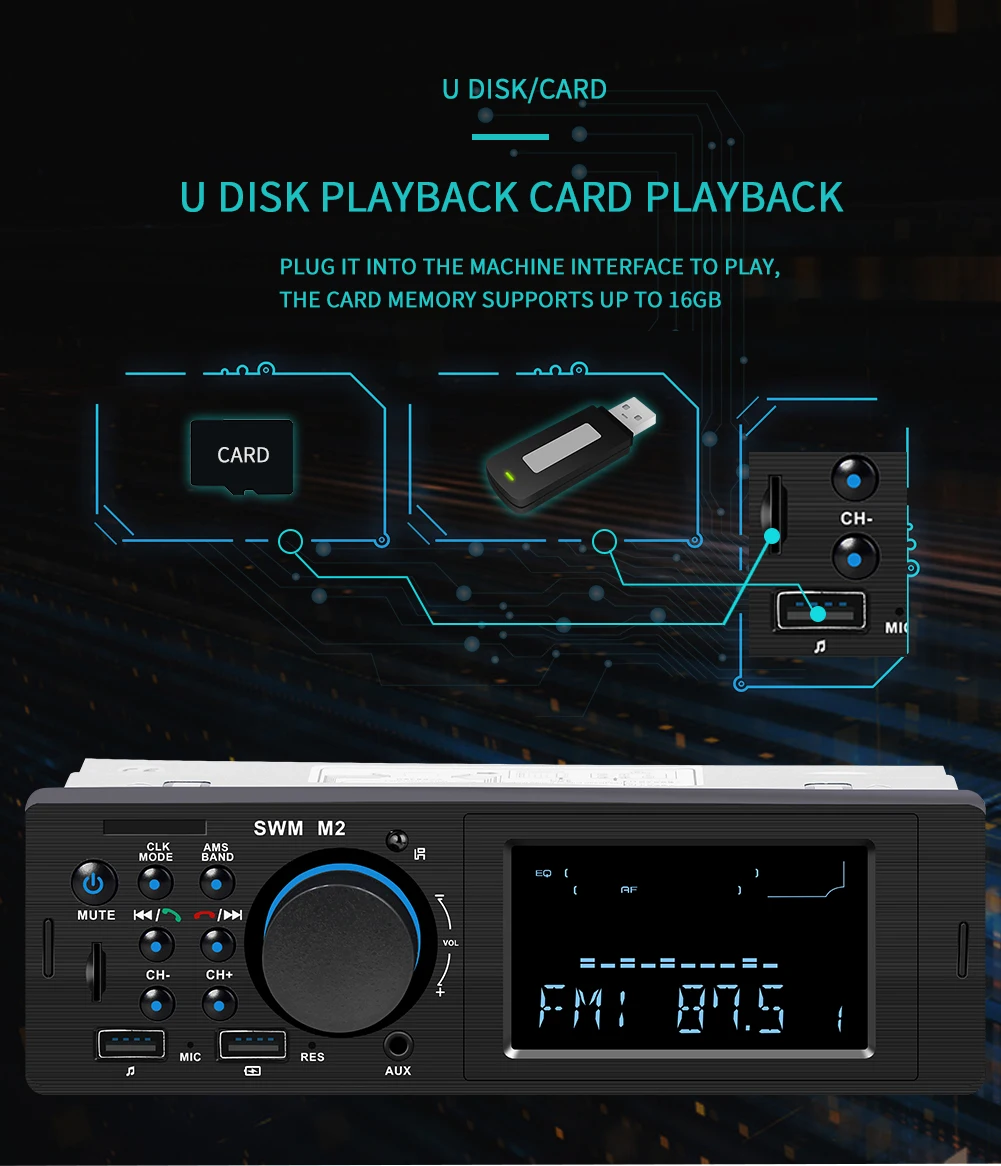 1din SWM M2 автомобильный стерео MP3 музыкальный плеер fm-радио Bluetooth 4,0 TF AUX двойной usb зарядка для iOS/Android головное устройство