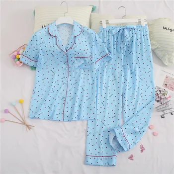 

Blue Printed Women 2PCS SLEEP SET Satin Pajamas For Summer Sexy Casual Floral Short Sleeve T-shirt&PANTS SUIT Home Clothing