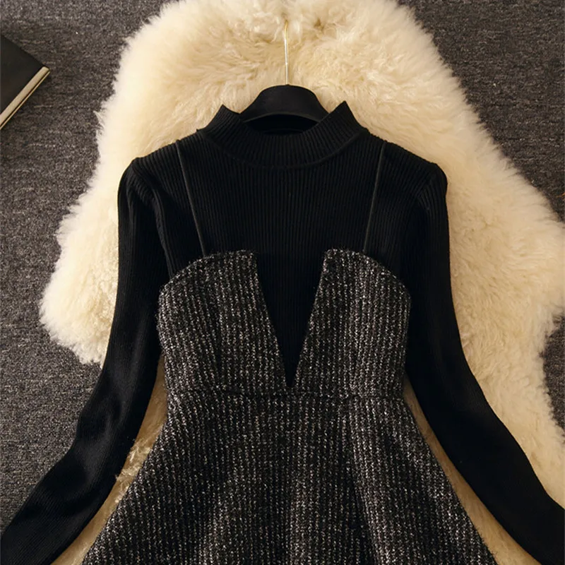 Осенне-зимнее платье, комплект из 2 предметов, женское модное твидовое вязаное черное облегающее платье с длинным рукавом, вечерние Клубные платья на зиму и весну