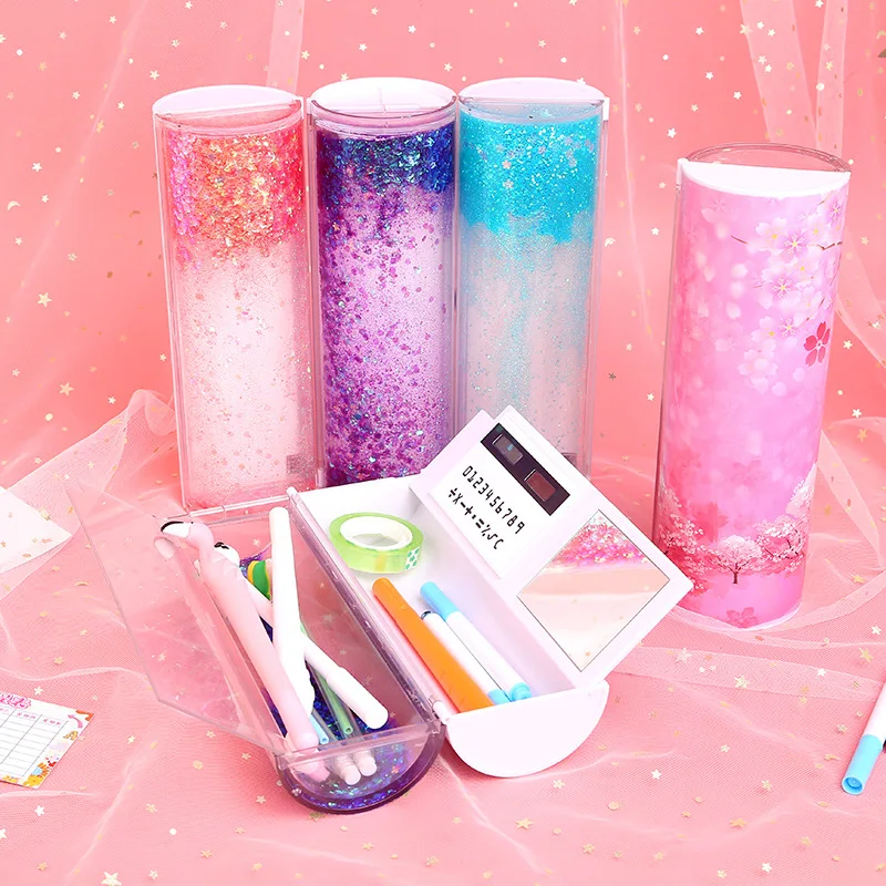 

2019 Creative Multifunctional Quicksand Translucent Stationery Pen Case Case School Stationery Pen Holder Girl Heart Calculator