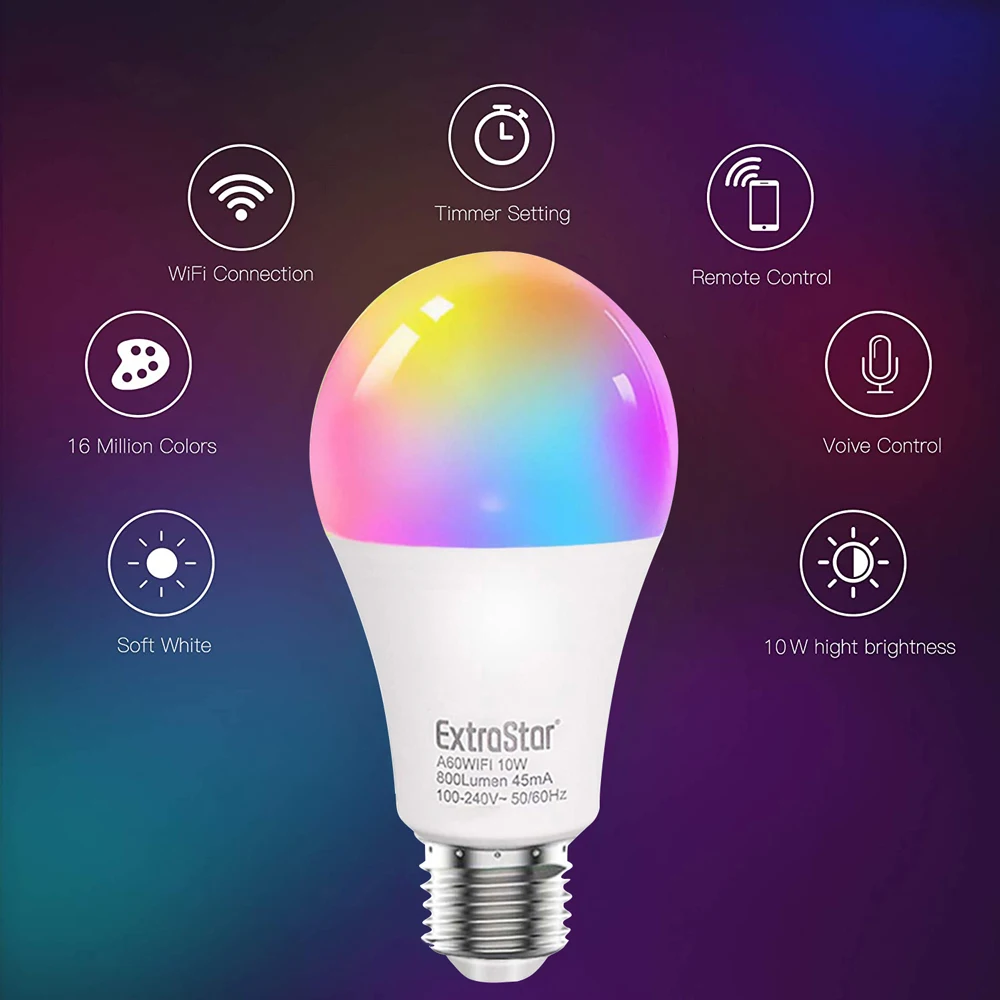 ExtraStar®Only 10W E27 smart LED bulb warm/cold lights & RGB, lamp works with Alexa Google at 2.4GHz