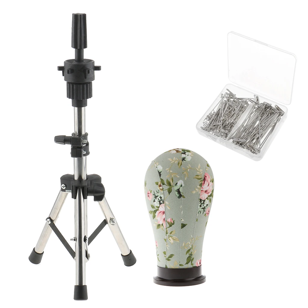 22' Mannequin Model Cork Canvas Block Head & Tripod Manikin Holder Stand with 150pcs 38mm / 51mm T Pins for Wig Making Display