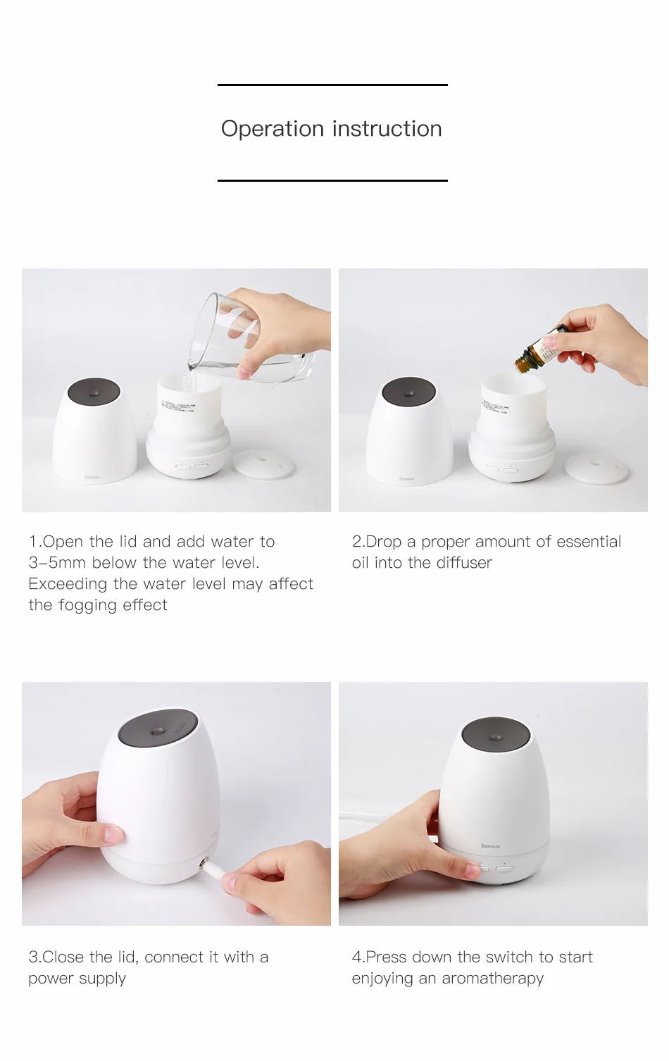 Baseus Humidifier Aroma Diffuser Aromatherapy Essential Oil Diffuser For Home With Colorful Light Smart USB Diffuser