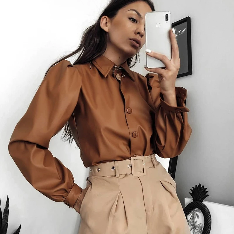 IAMSURE French Vintage Puff Long Sleeve Blouse For Women Autumn Fashion Faux Leather Turn-Down Collar Ladies Blouse Shirts