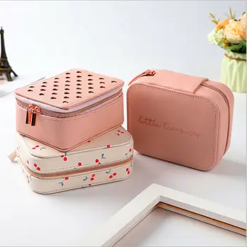 

Women Love Heart Print PU Leather Jewelry Box Zipper Storage Box Ring Display Lady Case Portable Jewelry Organizer for Necklaces