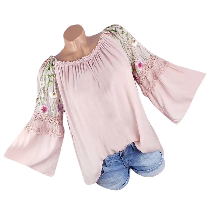 Женские топы и блузки Boho Модные женские топы с круглым вырезом блузка с цветочной вышивкой кружевные топы с расклешенными рукавами женские топы больших размеров