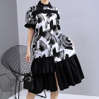 

Cascading Ruffles Large Size Short Sleeve Dress Summer Leisure Comfortable Office Ladies Lapel Short Sleeve Dresses