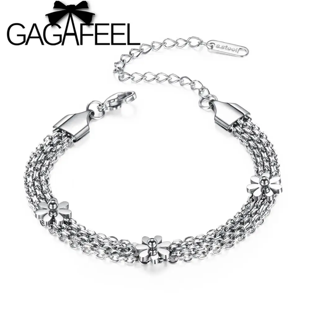 GAGAFEEL, романтичный многослойный браслет-цепочка, женский шарм, многослойная цепочка, широкий браслет, нержавеющая сталь, Маргаритка, цветок, браслеты