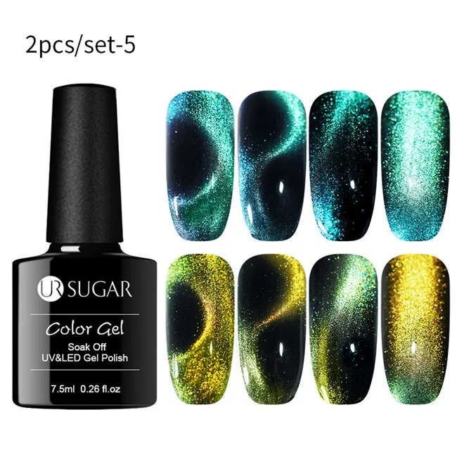 UR SUGAR 9D Chameleon Magnetic Gel Nail Polish Long Lasting Laser Glitter 7.5ml Cat Eye Nail Art Gel Soak Off UV LED Gel Varnish - Цвет: 2bottles 5