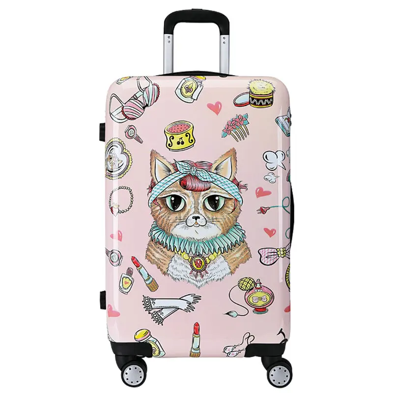Новая мода Meng Pet Cat иллюстрация багажа девушки мультфильм Дорожный чемодан PC универсальные колеса тележка багажная сумка 2" 24" - Цвет: Pink Cat