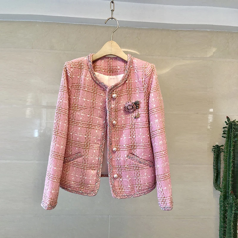 

JSXDHK Autumn Winter Women Tweed Outerwear New Fashion 2019 Runway Pearls Single Breasted Appliques Plaid Pink Weave Jacket Coat