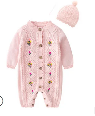 

New Autumn Baby Romper and Hat, Flower Embroidery Round Neck Long Sleeve Jumpsuit + Solid Color Hat, Pink Baby Girls Clothes