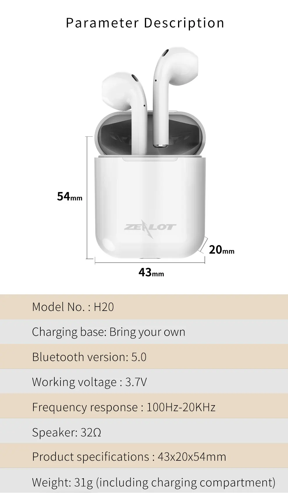 ZEALOT H20 TWS Мини Bluetooth беспроводные наушники 5,0 в ухо беспроводные наушники бас стерео наушники для телефонов с зарядным устройством