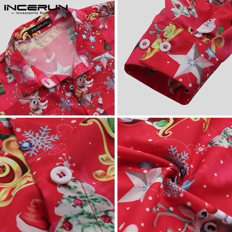 INCERUN/ модная мужская Повседневная рубашка, рождественские вечерние рубашки с длинными рукавами и отворотами на пуговицах, рубашки в уличном стиле 5XL