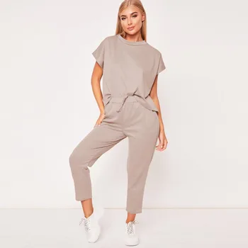 

Two Piece Set Women's Summer Tracksuits Casual 2Pcs Short Sleeve O-neck Tops+Cropped Trousers Ladies Lounge Sports Suits